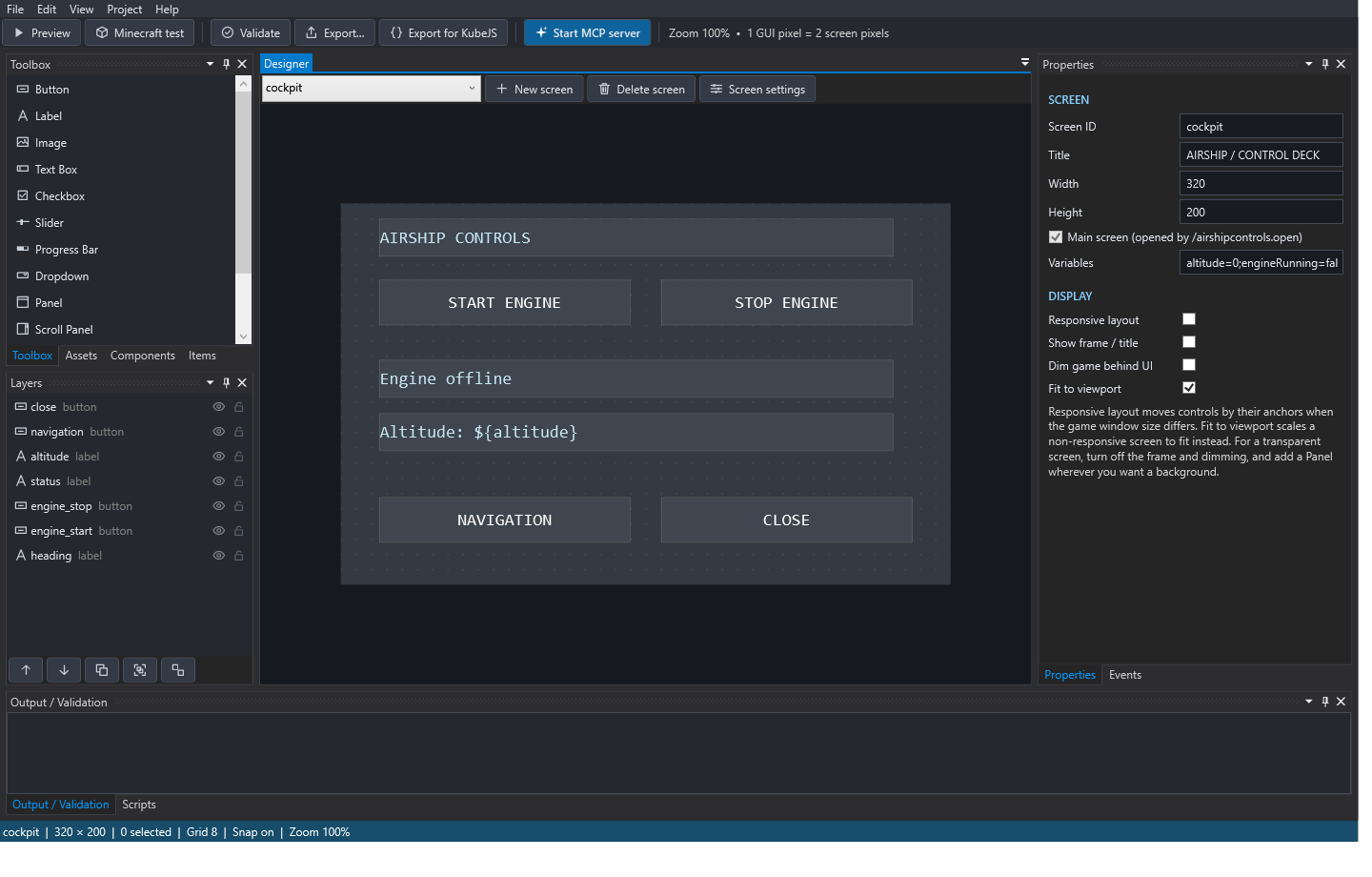 The Wysicraft editor showing an airship control screen with toolbox, layers and properties panels